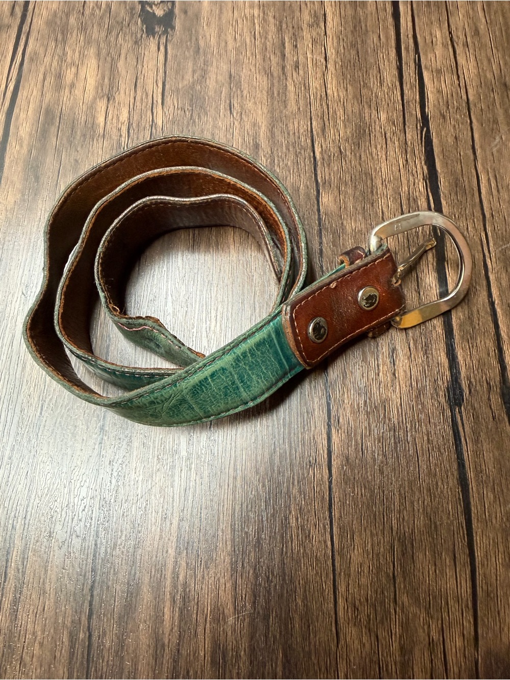 Unisex vintage Leather Belt in teal and Brown small 28-32”
